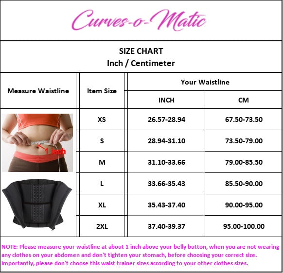 Size Chart Waist Trainer Belt